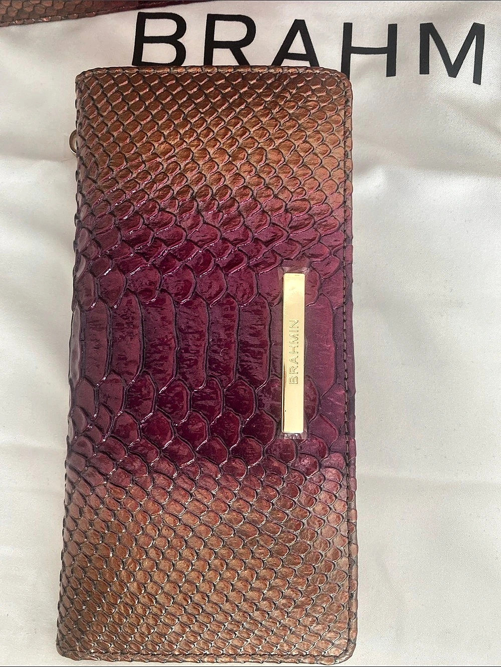 Brahmin Hailee Embossed Shoulder Bag Brown and magenta purple and wallet - Picture 5 of 7